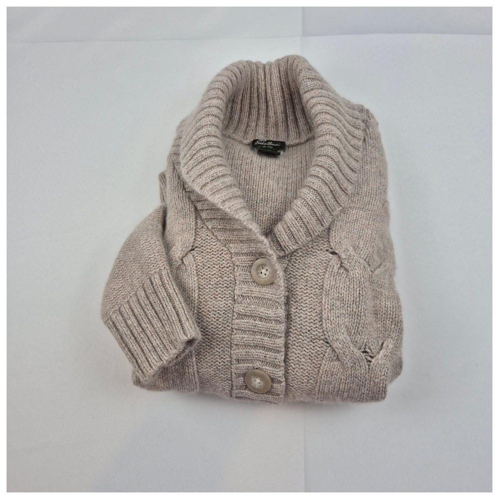 Eddie Bauer Cable Knit Angora Blend Cardigan Sweater Shawl Collar M Beige - Picture 2 of 13